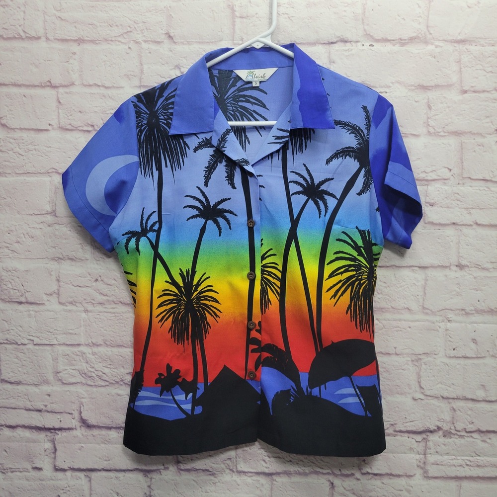 Alvish Tropical Hawaiian Shirt Womens S Sunset Palm Tree Resort Beachy Coastal‎